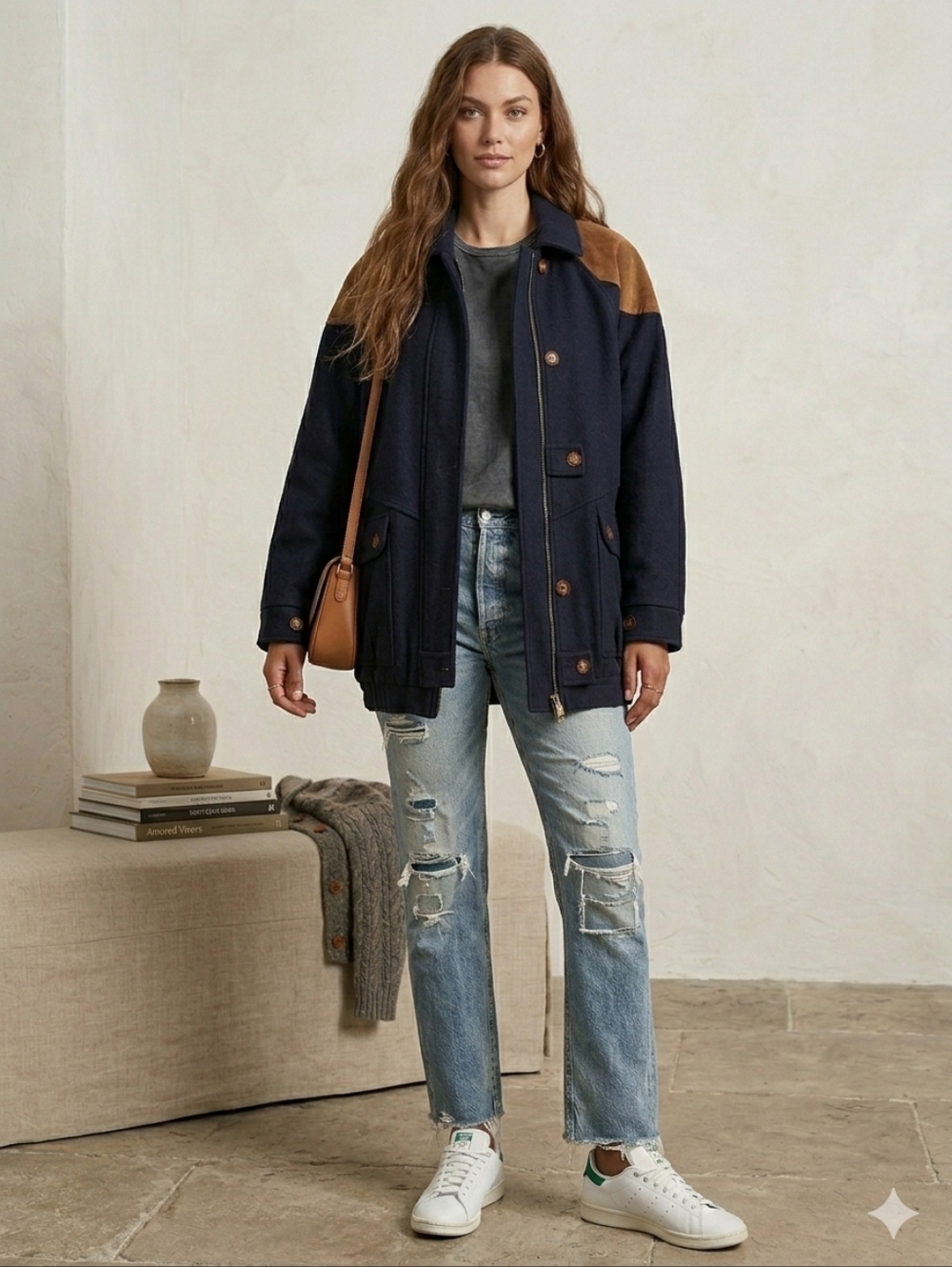 VINTAGE TRENDZ Oversized WOOL COAT Navy,/Brown, Women's 13/14